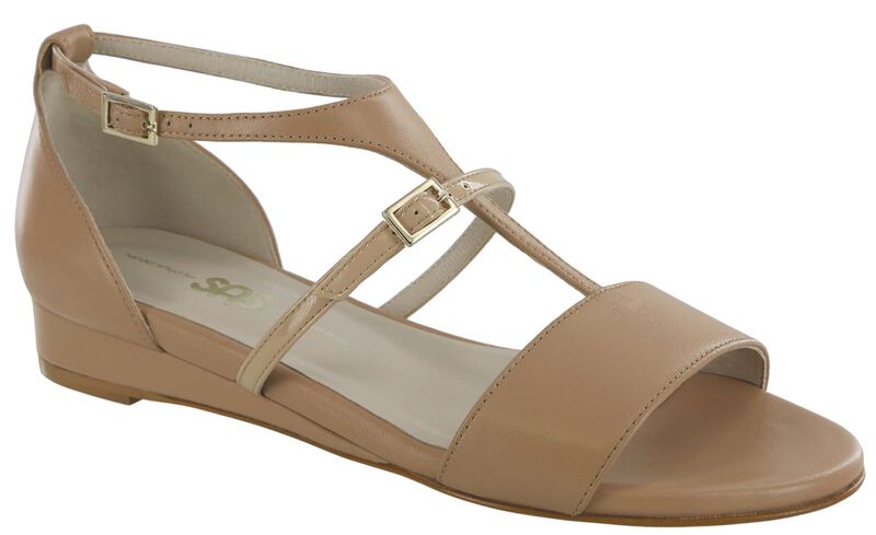 Sandra T-Strap Wedge Sandal Camel/Patent, , large