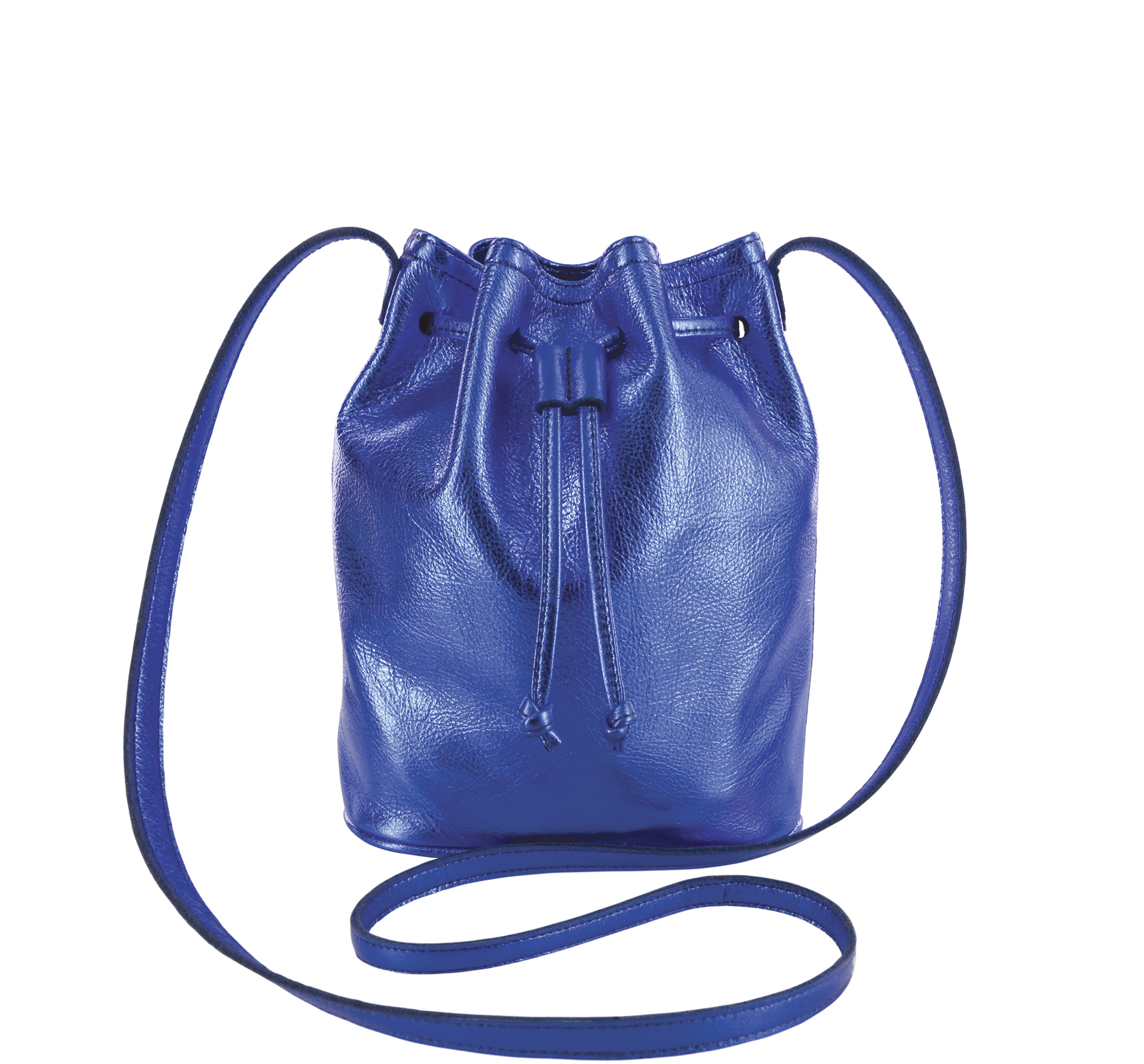 blue leather bucket bag